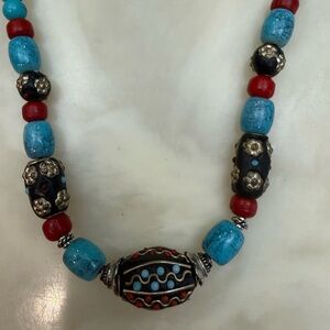 Turquoise and Red Beaded Necklace